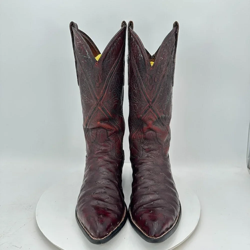 Tony Lama Men Size 7D Burgundy Full Quill Ostrich Leather Pull On Western Boot